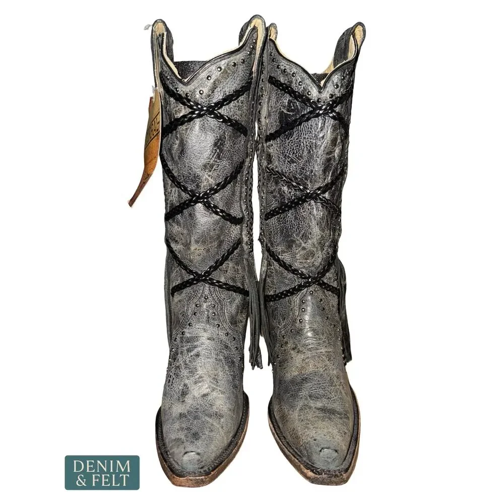 NEW Corral Brittney Fringe Braided Snip Toe Western Cowgirl Boots Grey‎ Black 6